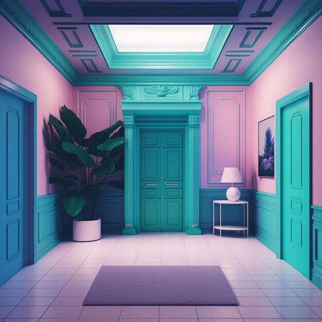 There is a room with a door and a rug in it generative ai