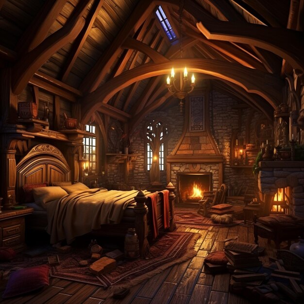 Photo there is a room with a fireplace and a bed in it generative ai