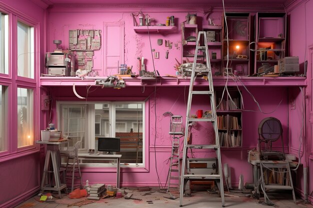 There is a room with a ladder and a pink wall generative ai