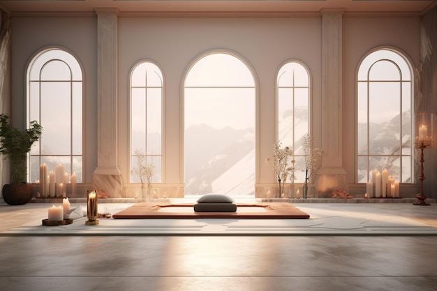 Photo there is a room with a large window and a meditation mat generative ai