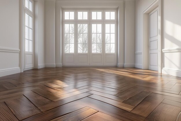 there is a room with a large window and a wooden floor generative ai