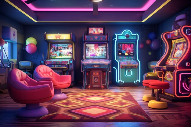 Photo there is a room with a lot of arcade machines and a couch generative ai