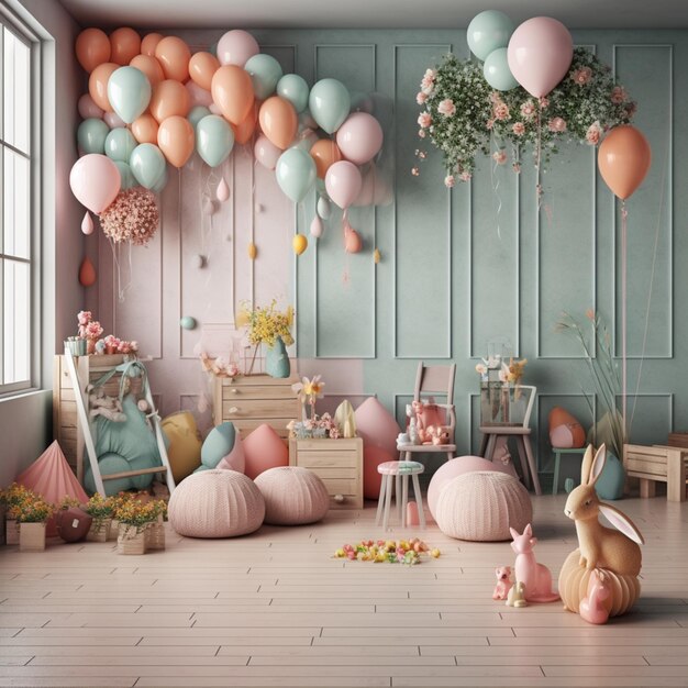 there is a room with a lot of balloons and a bunny generative ai