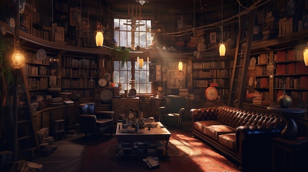 There is a room with a lot of books and a couch generative ai