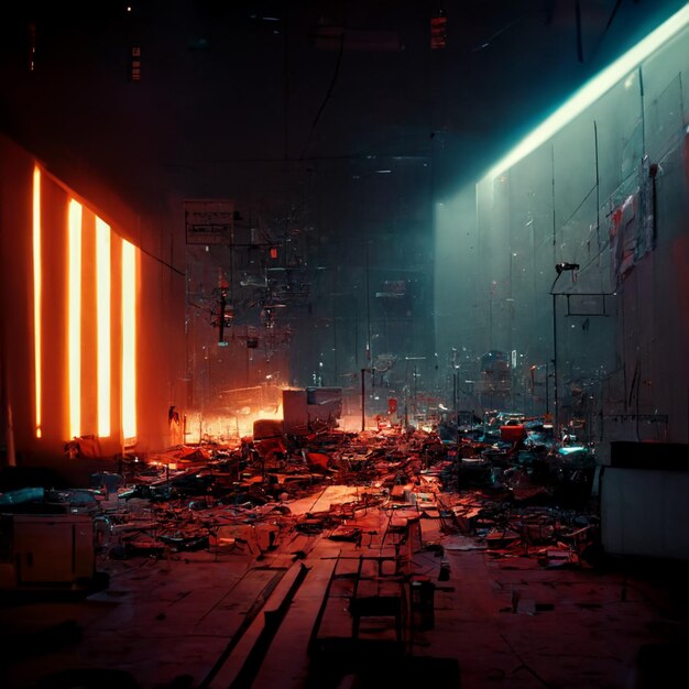there is a room with a lot of debris and a fire generative ai