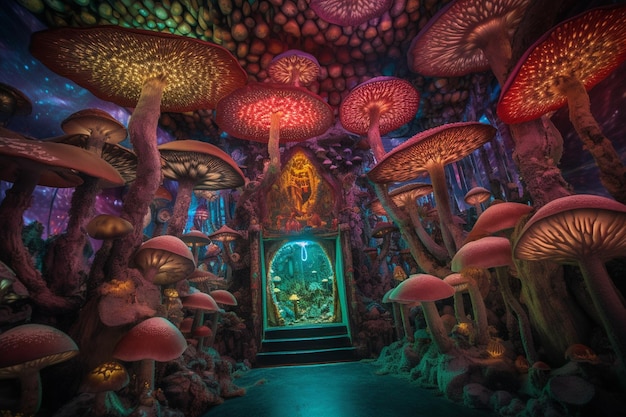 There is a room with a lot of mushrooms and a statue generative ai