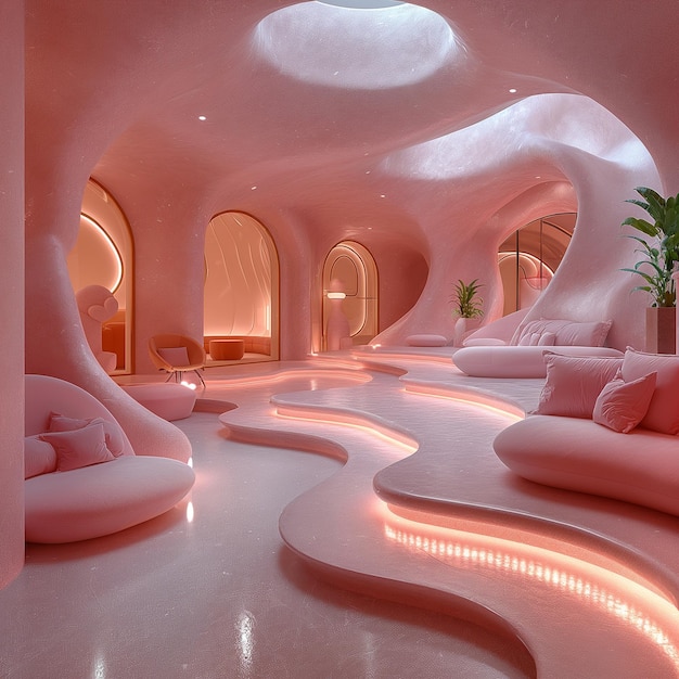 there is a room with a lot of pink furniture and a plant generative ai