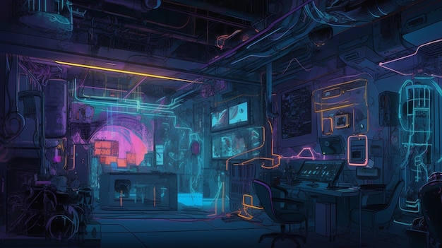 there is a room with neon lights and a computer desk generative ai