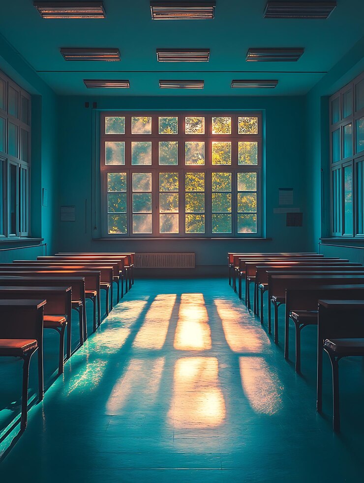 there is a room with rows of chairs and a window