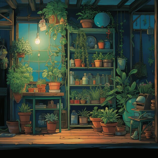 There is a room with a shelf full of plants and a lamp generative ai
