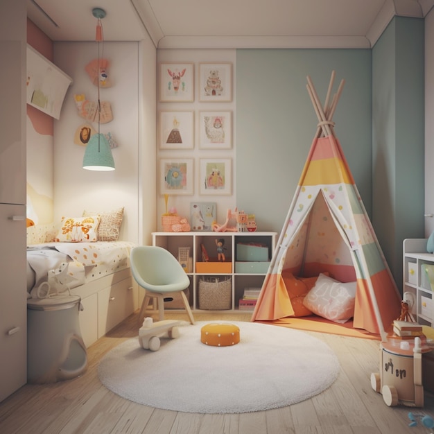 There is a room with a teepee and a chair in it generative ai