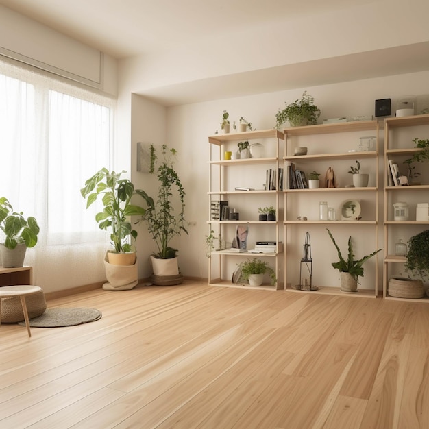 There is a room with a wooden floor and a shelf with plants generative ai