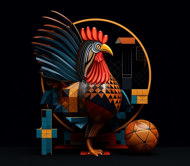 Photo there is a rooster that is standing next to a basketball generative ai