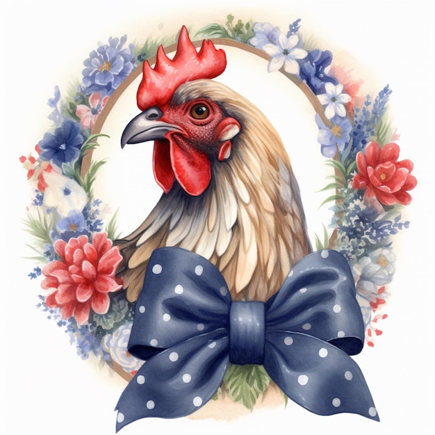 there is a rooster with a bow around its neck generative ai