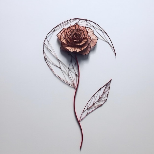 Photo there is a rose made of wire and leaves on a white surface generative ai