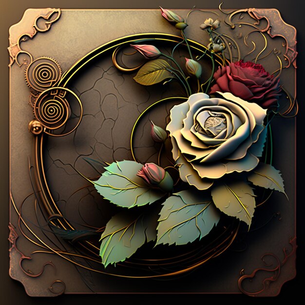 there is a rose that is sitting in a decorative frame generative ai