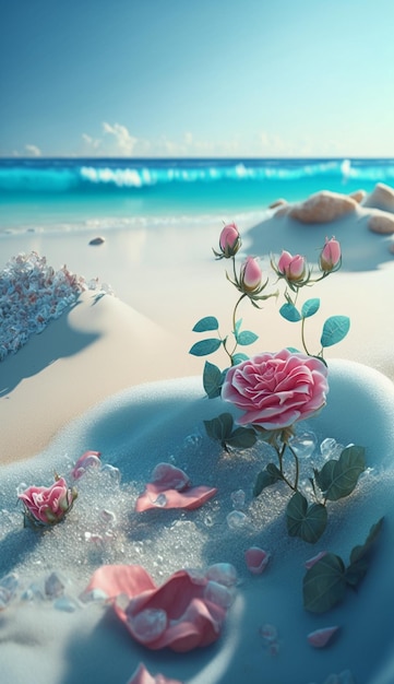 there is a rose that is sitting in the sand on the beach generative ai