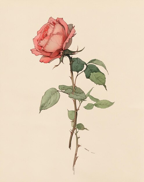 there is a rose that is on a stem with leaves generative ai