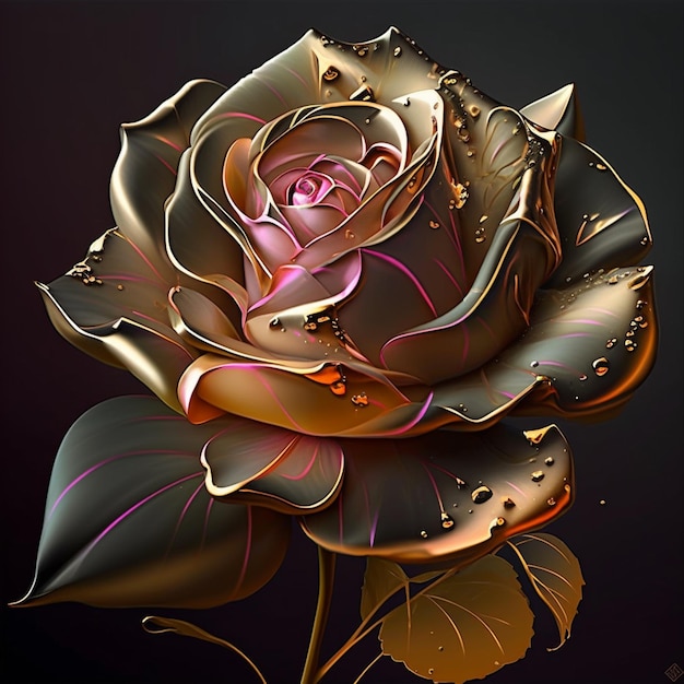 there is a rose with gold leaves and water droplets on it generative ai
