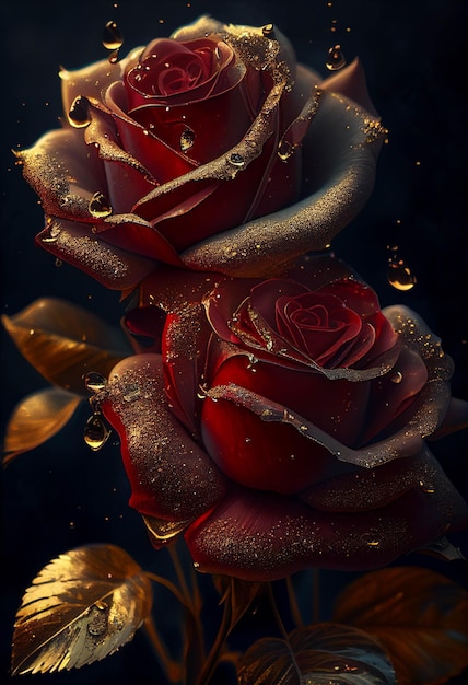 There is a rose with water droplets on it and a gold leaf generative ai