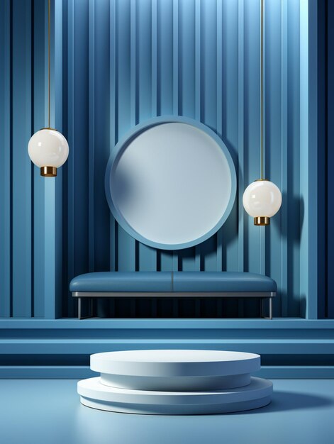 There is a round mirror on a stand in a room generative ai