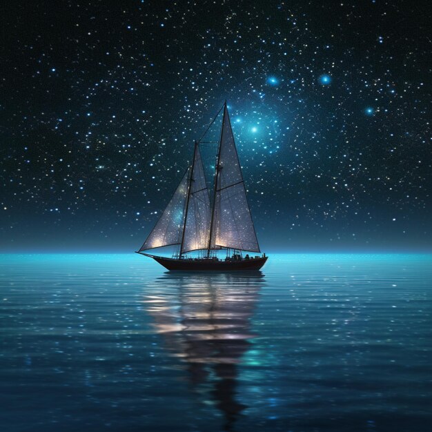 There is a sailboat floating in the ocean at night generative ai