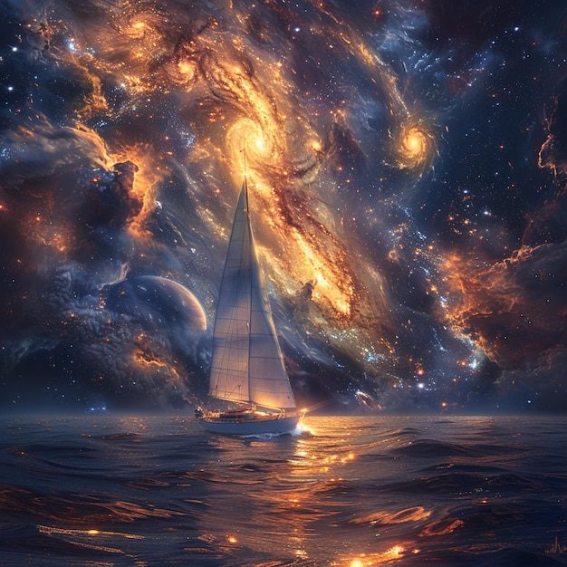there is a sailboat floating in the ocean with a galaxy in the background generative ai