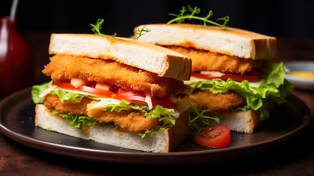 Photo there is a sandwich with fish and lettuce on a plate generative ai