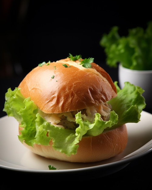 there is a sandwich with lettuce and chicken on a plate generative ai