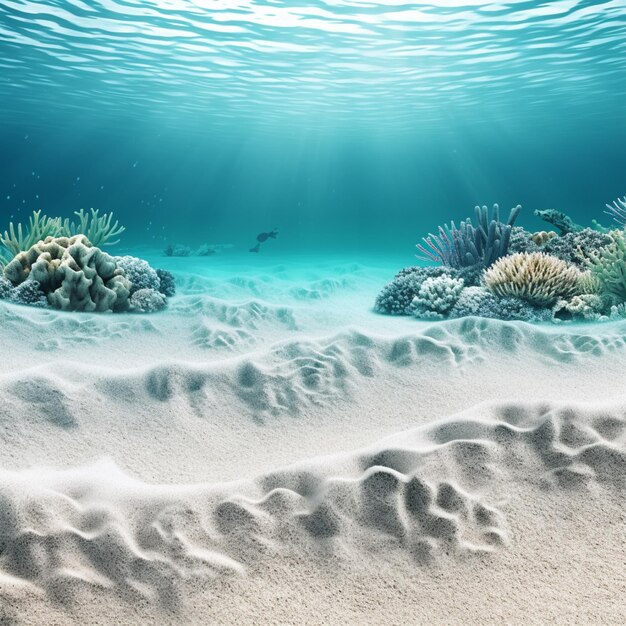 There is a sandy beach with a lot of corals and sand generative ai