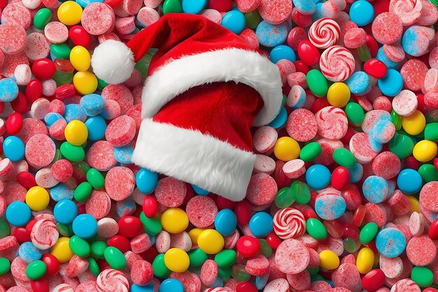 There is a santa hat on top of a pile of candy generative ai