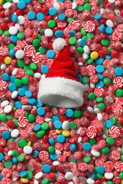 サンタの帽子がキャンディの積み重ねの上にあります