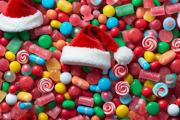 There is a santa hat on top of a pile of candy generative ai