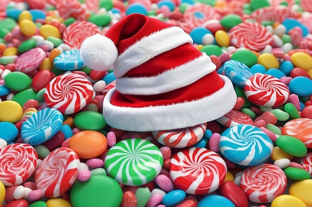 There is a santa hat on top of a pile of candy generative ai