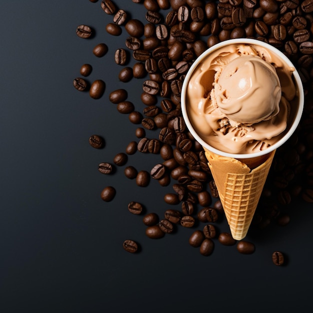 Photo there is a scoop of ice cream in a cone on a pile of coffee beans generative ai