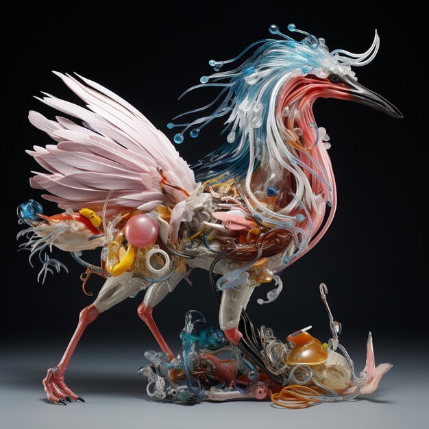 There is a sculpture of a bird with a lot of stuff on it ai generative