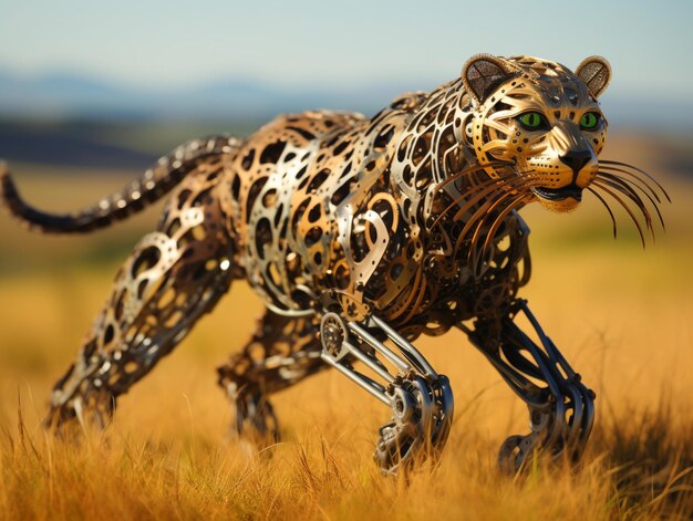 There is a sculpture of a leopard that is walking in the grass generative ai