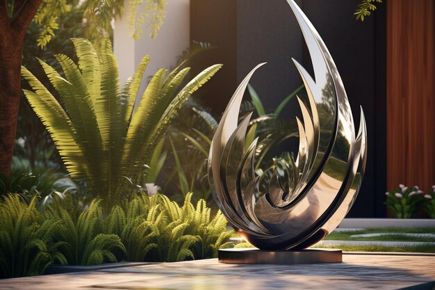 Photo there is a sculpture of a spiral design in the middle of a garden generative ai