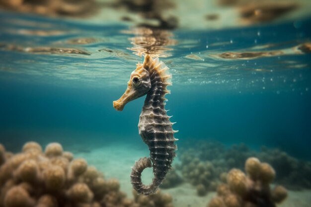 There is a sea horse that is swimming in the water generative ai