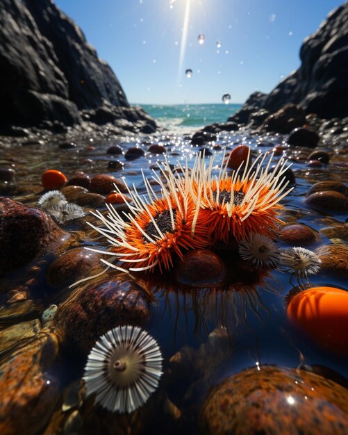 there is a sea urchin on the rocks in the water generative ai