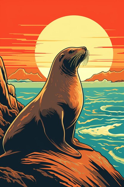 There is a seal sitting on a rock by the ocean generative ai