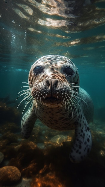 Там тюлень плавает в воде с открытым ртом.