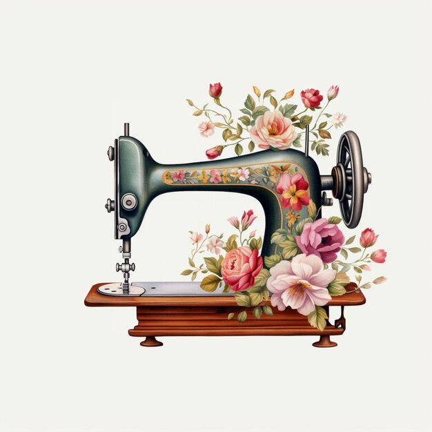 Photo there is a sewing machine with flowers on it on a table generative ai