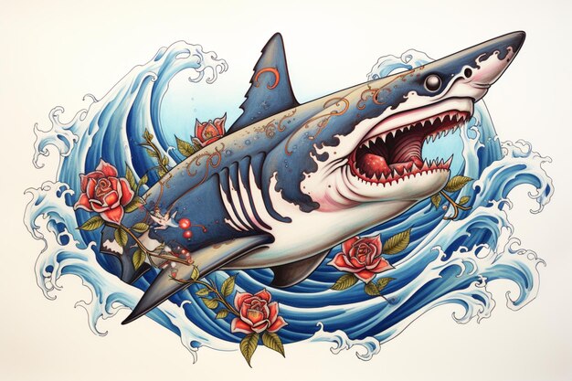 There is a shark with a large open mouth and a rose tattoo on it generative ai