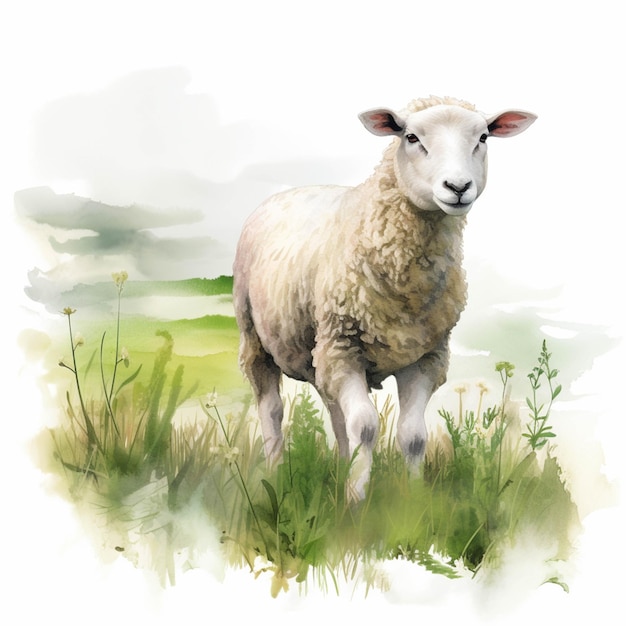 There is a sheep standing in a field of grass with a cloudy sky generative ai