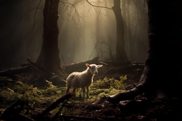 There is a sheep standing in the woods in the dark generative ai