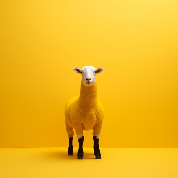 There is a sheep standing in a yellow room with a yellow wall generative ai