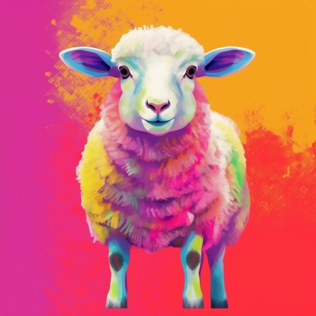 Photo there is a sheep that is standing in front of a colorful background generative ai