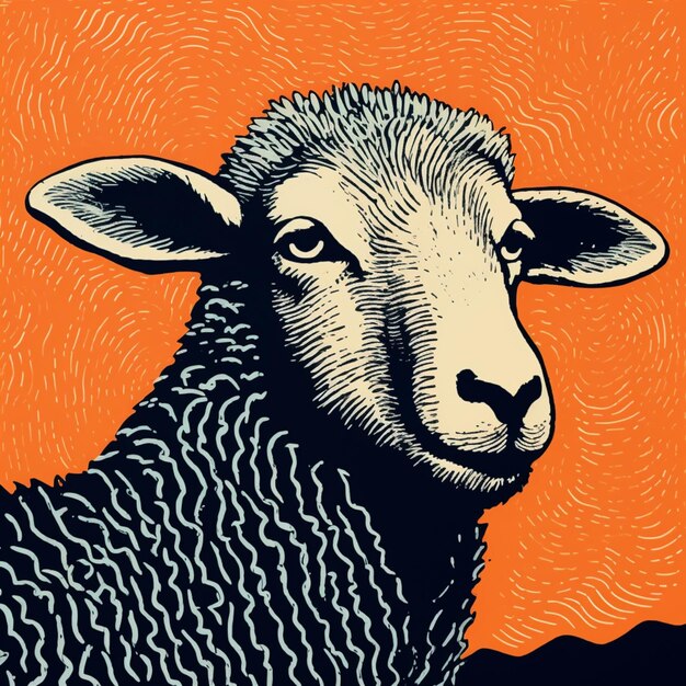 There is a sheep that is standing in front of a orange background generative ai