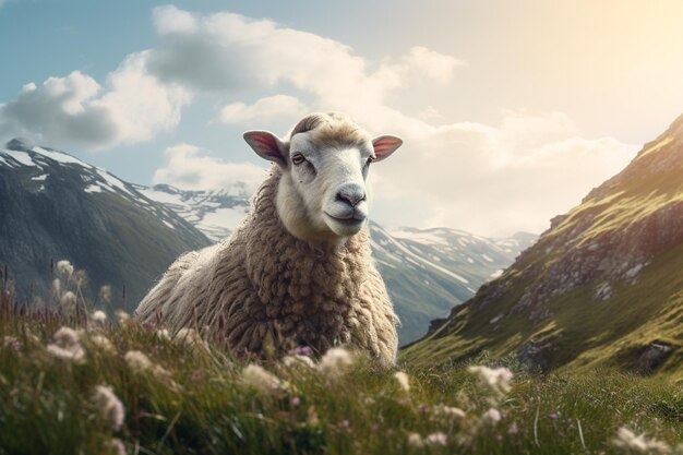 There is a sheep that is standing in the grass with mountains in the background AI Generative